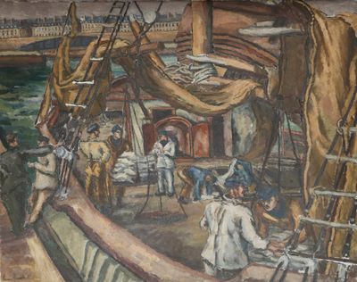 a painting on the wall of a boat with people on it