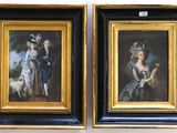 two framed paintings of a man and a woman with a dog