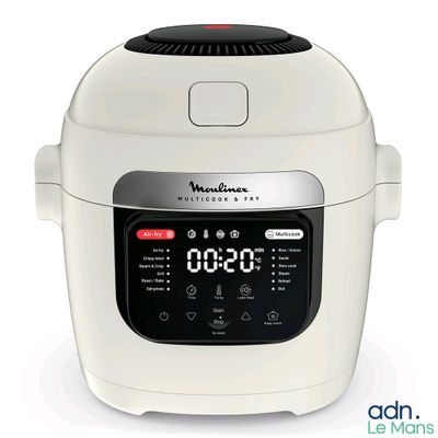 a white rice cooker with a digital clock on it