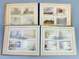 four pages of watercolor paintings on a blue surface