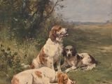 painting of a group of dogs resting in a field with trees in the background