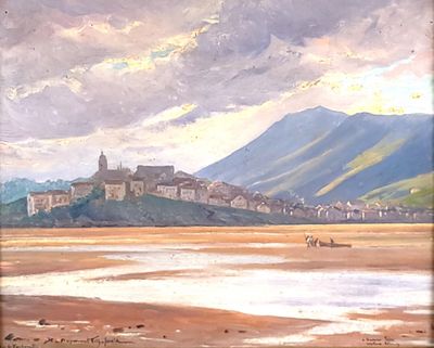 a painting of a view of a town on a hill