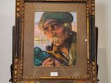 tableau représentant un vieil homme fumant la pipe, posé sur un chevalet en bois