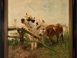 an oil painting of two cows in a field by a fence