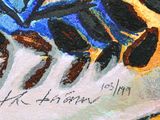 a painting of a blue and yellow flower on a plate