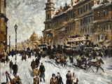 une peinture à l'huile représentant des personnes marchant dans une rue enneigée devant un immeuble