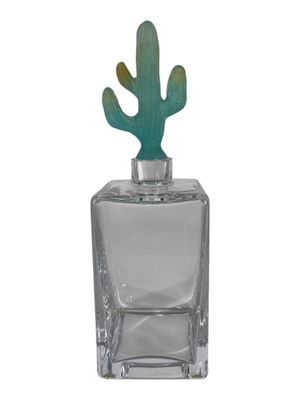 glass bottle with a cactus on top of it on a white background