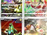 four different pokemon cards are displayed on a white surface