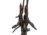 bronze sculpture of two birds perched on a branch on a white background