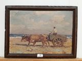 a picture of a painting of a man on a cart being pulled by two oxen