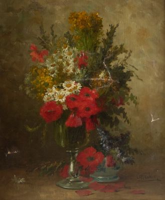 tableau représentant un vase de fleurs posé sur une table, orné d'un ruban rouge