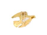 yellow gold plated bird brooch with a white pearl in its beak