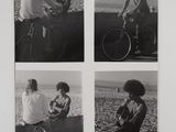 four black and white photographs of people riding bicycles on the beach