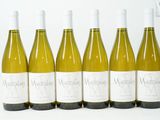 six bouteilles de vin blanc alignées sur une surface blanche