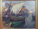 a painting of boats in the water by the shore