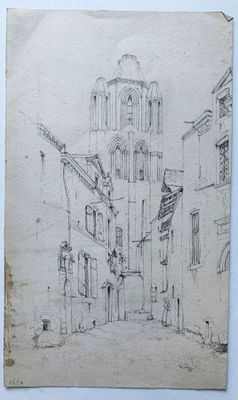 un vieux dessin représentant une rue avec une tour horloge en arrière-plan