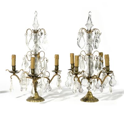 pair of antique brass and crystal candelabs