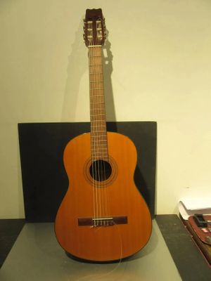 a guitar that is sitting on a shelf in a room