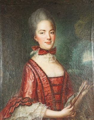 un vieux tableau représentant une femme en robe rouge tenant un livre