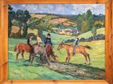 a painting of a group of people riding horses in a field