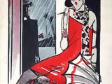painting of a woman in a red dress and hat sitting on a chair
