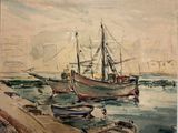 une peinture représentant un bateau dans l'eau près d'un quai
