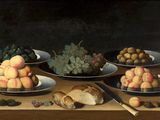 painting of a still life of fruit and bread on a table
