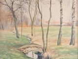 painting of a stream running through a field with trees in the background