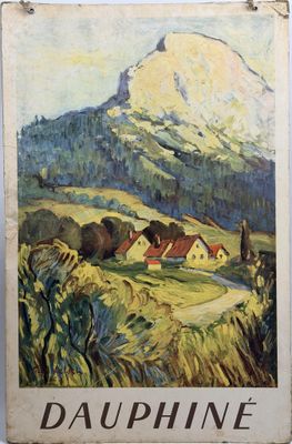 a painting of a mountain with a house in the foreground