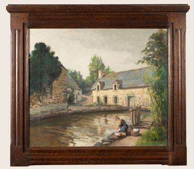 a picture of a painting of a man sitting on the bank of a river