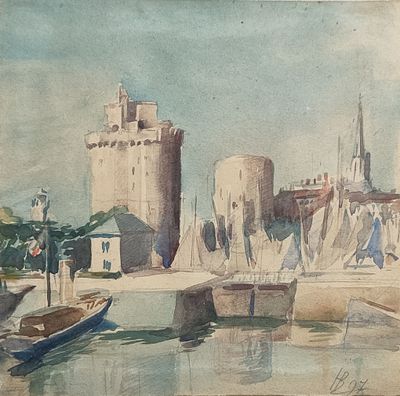 une aquarelle représentant un château et des bateaux sur l'eau