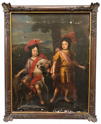 un vieux tableau représentant deux enfants et un chien dans un paysage