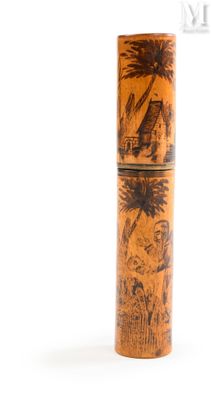an image of a wooden tube with a picture of a palm tree on it