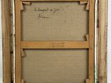 an old picture frame with a piece of paper hanging from it ' s side
