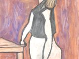 tableau représentant une femme debout devant une table avec une chaise