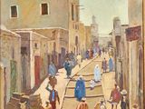 an oil painting of a street scene with people walking down the street