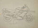 drawing of a motorcycle on a piece of paper with a line drawing of it