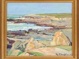 une peinture représentant une plage rocheuse avec des rochers au premier plan