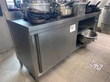 un plan de travail en acier inoxydable sur lequel sont posées des casseroles et des poêles, dans une cuisine professionnelle