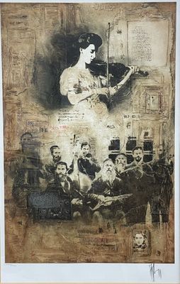 painting of a woman playing a violin in front of a group of people