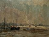 a painting of boats in the water on the shore
