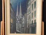 an oil painting of a street scene with a church steeple in the background