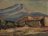 an oil painting of a mountain with a house in the foreground and a house in the foreground