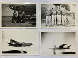 four black and white photos of men standing in front of an airplane