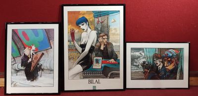three framed pictures of a woman sitting on a bench in front of a red wall
