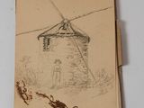 an old drawing of a windmill with a bird in front of it