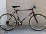 un vélo violet garé devant un garage