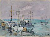 une peinture représentant un groupe de bateaux dans l'eau