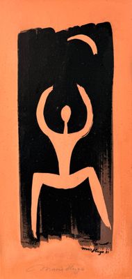 a black and white painting of a man doing a yoga pose