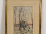 framed picture of a painting of a landscape with trees in the foreground